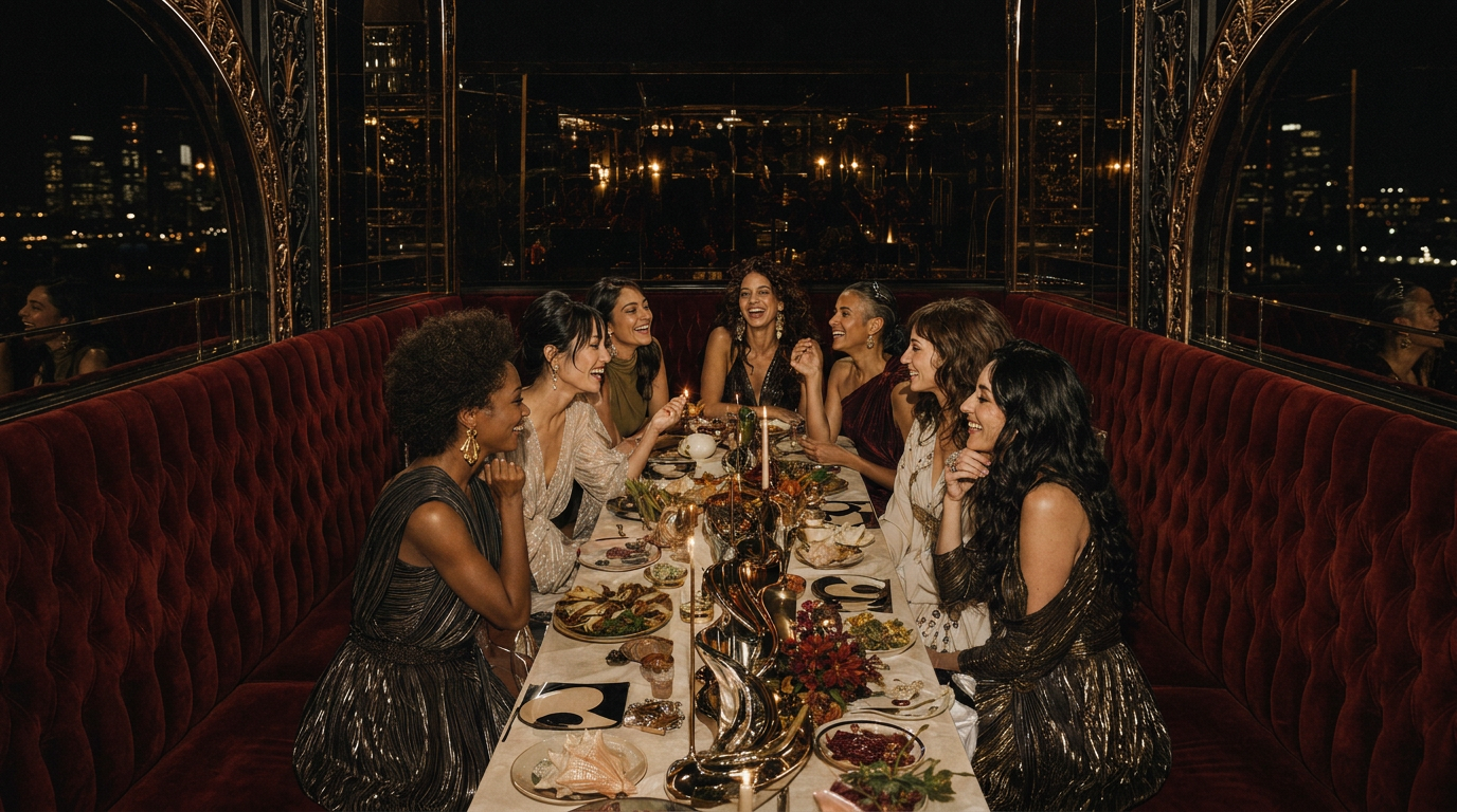 Women laughing around a candlelit dinner table at night, the city skyline glowing through the windows behind them.