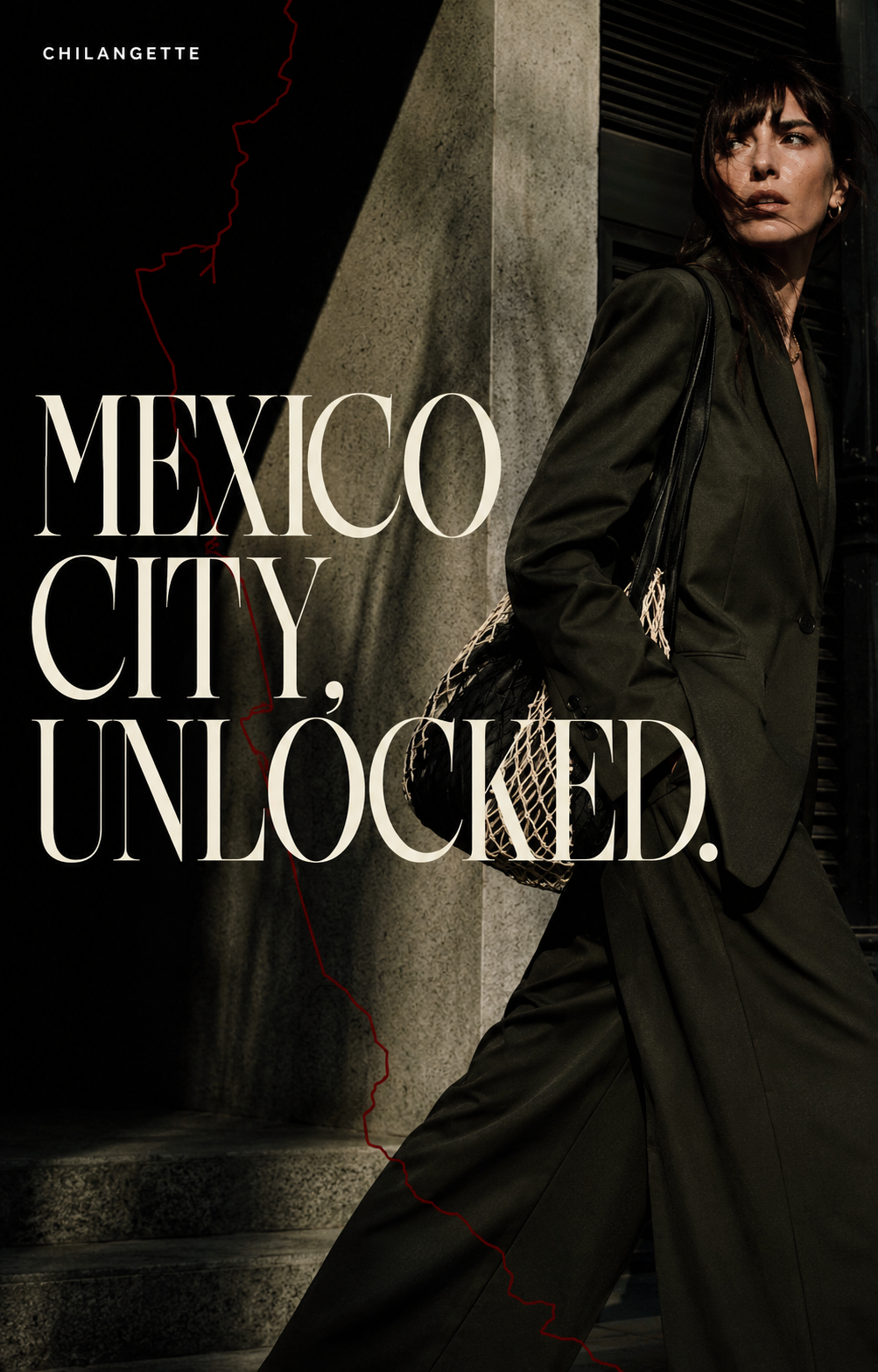 Chilangette cover: a woman in an olive suit on a Mexico City street, headline Mexico City, Unlocked.
