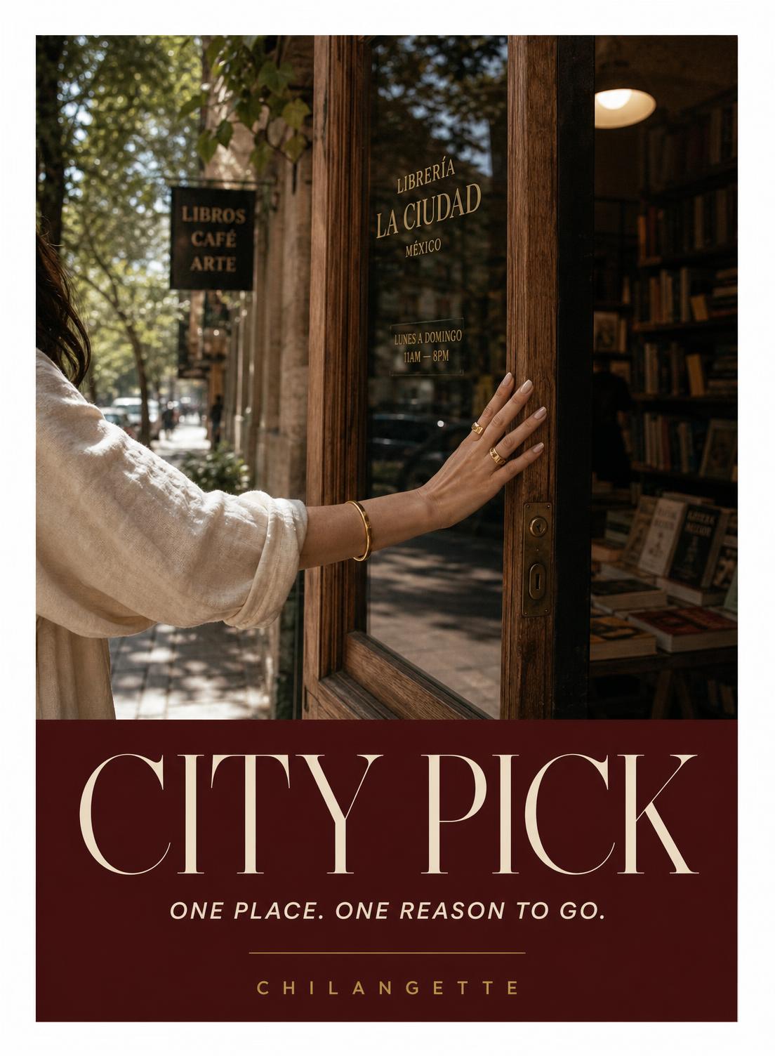 A hand opening the door of an independent bookstore on a leafy Mexico City street