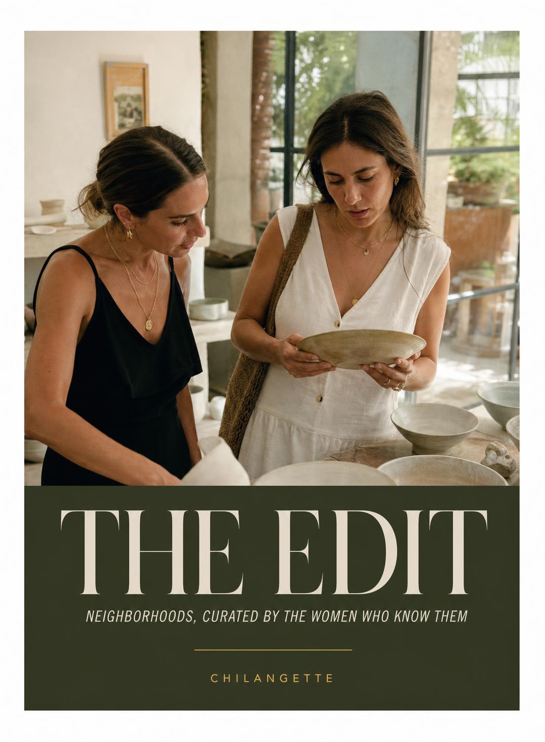 Two women reviewing ceramics in a sunlit Mexico City design studio